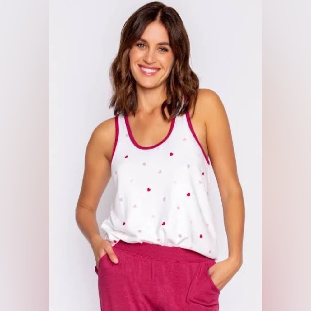 P.J. Salvage Mad Love Tank Top in ivory a red heart print & trim size large #16
